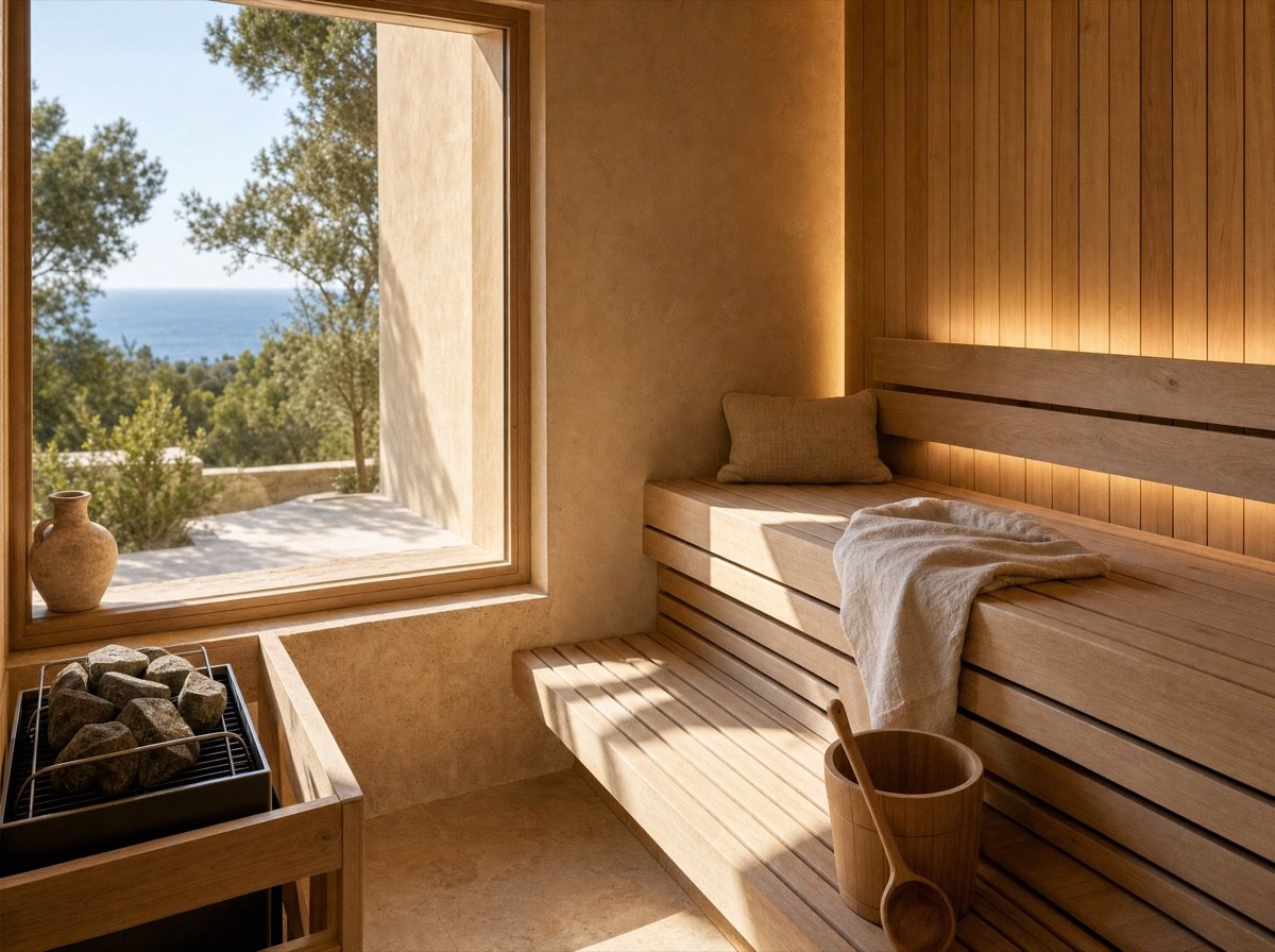 Panche e stufa di una sauna finlandese